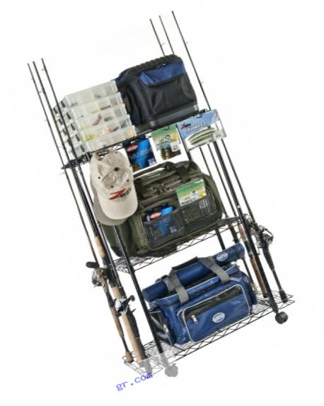 Organized Fishing Adjustable 3-Shelf Rolling Tackle Trolley for Fishing Tackle Storage, Holds up to 12 Fishing Rods, WFR-012
